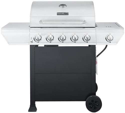 5-Burner Propane Gas Grill in Stainless Steel with Side Burner and Black Cabinet 5-Burner Propane Gas Grill in Stainless Steel with Side Burner and Black Cabinet